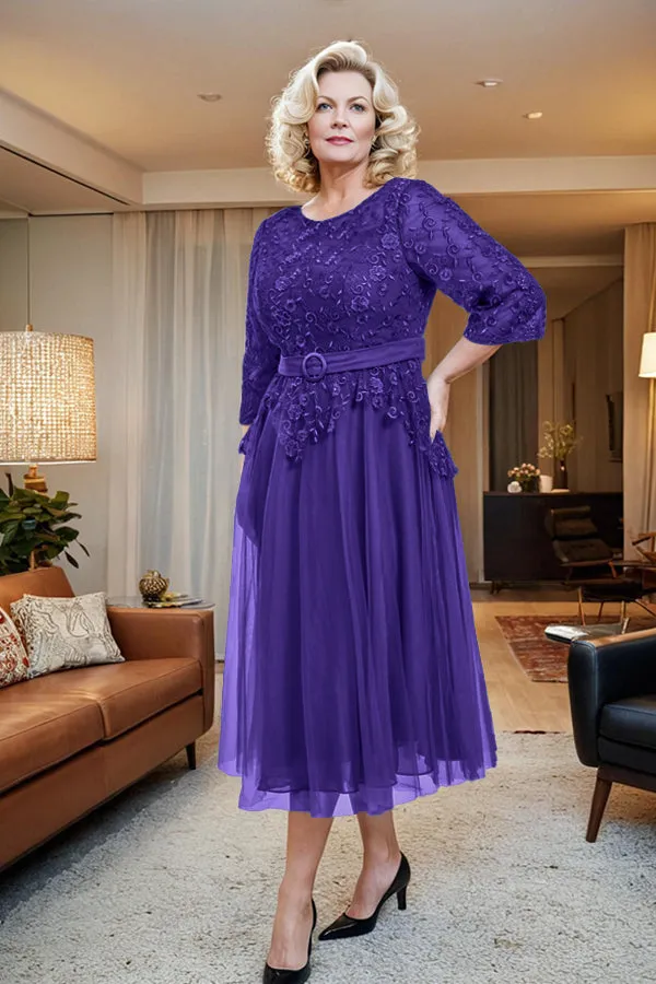 Belted 3/4 Sleeves Tulle Tea Length Mother of the Bride Dress