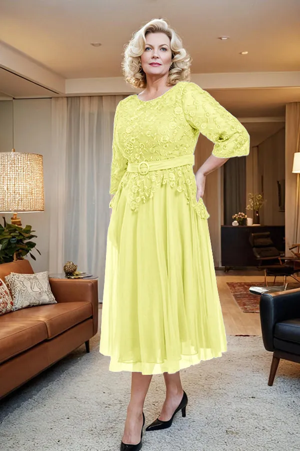 Belted 3/4 Sleeves Tulle Tea Length Mother of the Bride Dress