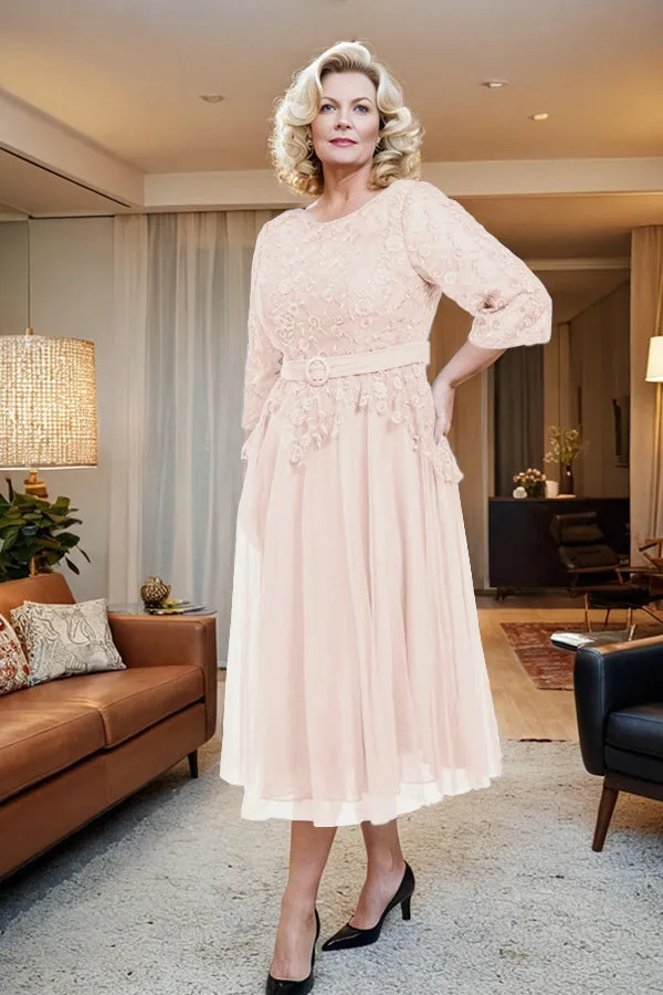 Belted 3/4 Sleeves Tulle Tea Length Mother of the Bride Dress