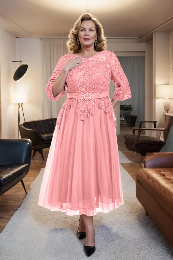 Belted 3/4 Sleeves Tulle Tea Length Mother of the Bride Dress