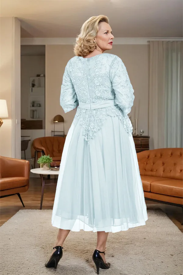 Belted 3/4 Sleeves Tulle Tea Length Mother of the Bride Dress