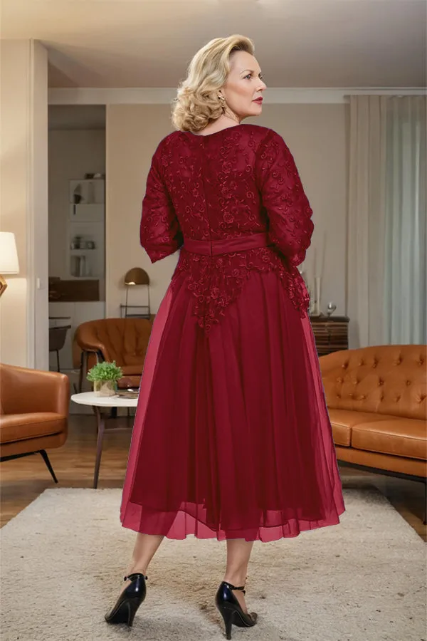 Belted 3/4 Sleeves Tulle Tea Length Mother of the Bride Dress