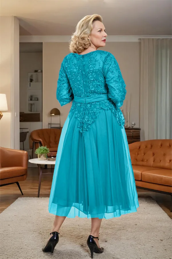 Belted 3/4 Sleeves Tulle Tea Length Mother of the Bride Dress