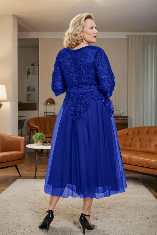 Belted 3/4 Sleeves Tulle Tea Length Mother of the Bride Dress