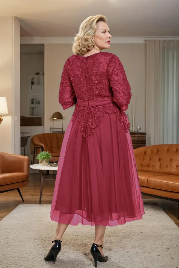 Belted 3/4 Sleeves Tulle Tea Length Mother of the Bride Dress