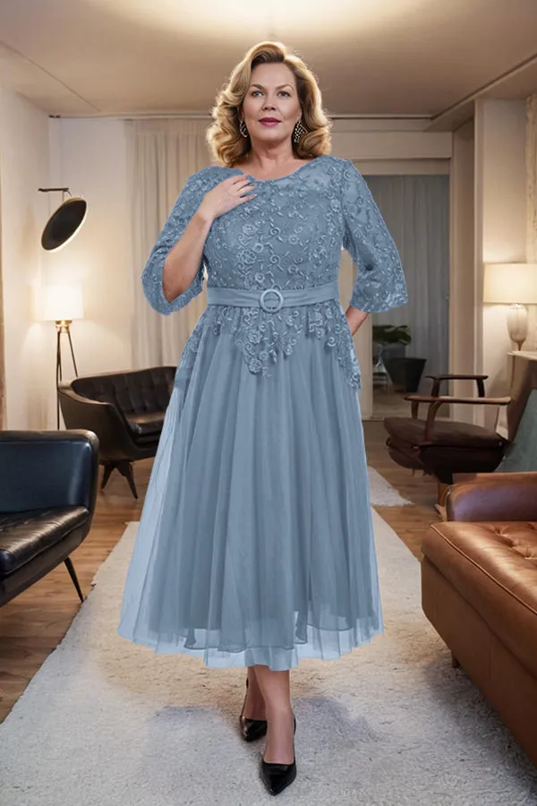 Belted 3/4 Sleeves Tulle Tea Length Mother of the Bride Dress
