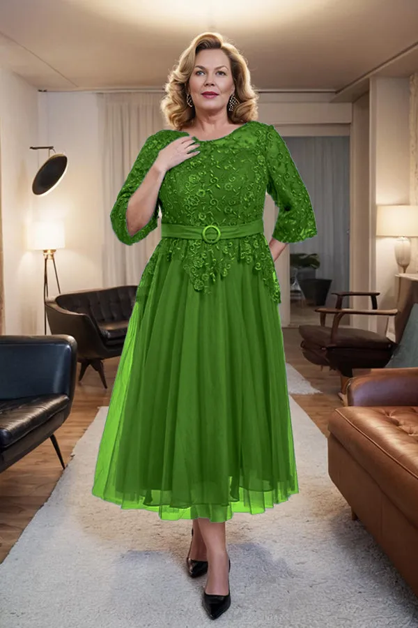 Belted 3/4 Sleeves Tulle Tea Length Mother of the Bride Dress