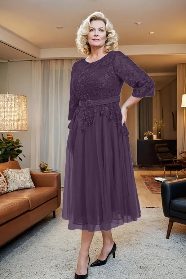 Belted 3/4 Sleeves Tulle Tea Length Mother of the Bride Dress