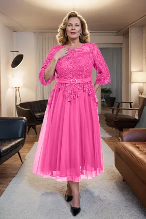 Belted 3/4 Sleeves Tulle Tea Length Mother of the Bride Dress