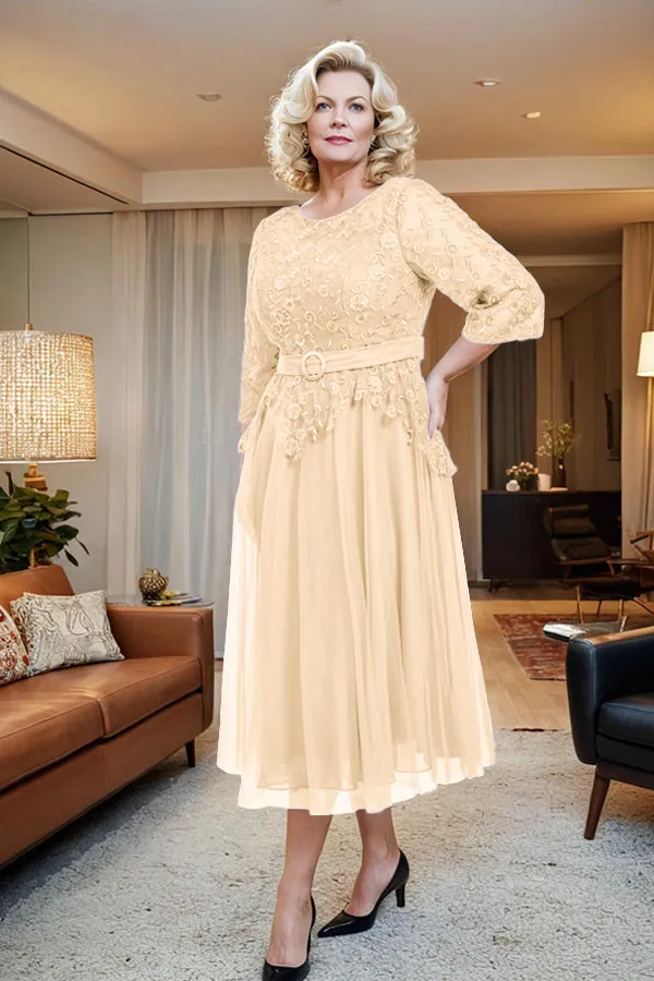 Belted 3/4 Sleeves Tulle Tea Length Mother of the Bride Dress