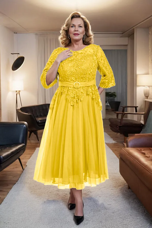 Belted 3/4 Sleeves Tulle Tea Length Mother of the Bride Dress