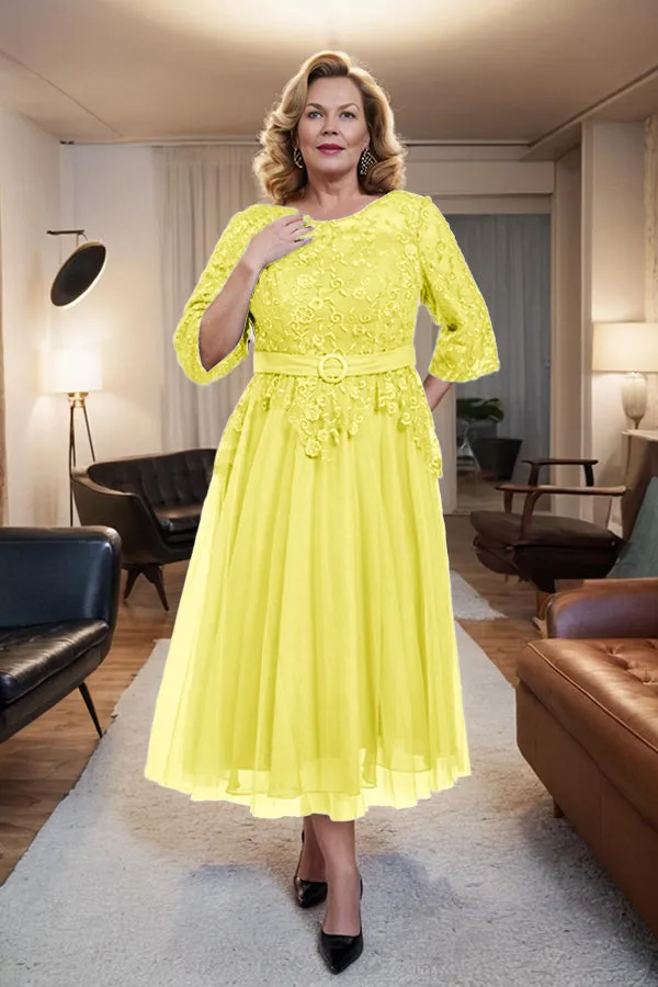 Belted 3/4 Sleeves Tulle Tea Length Mother of the Bride Dress