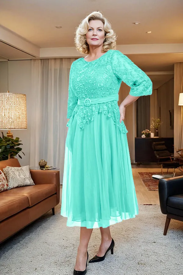 Belted 3/4 Sleeves Tulle Tea Length Mother of the Bride Dress