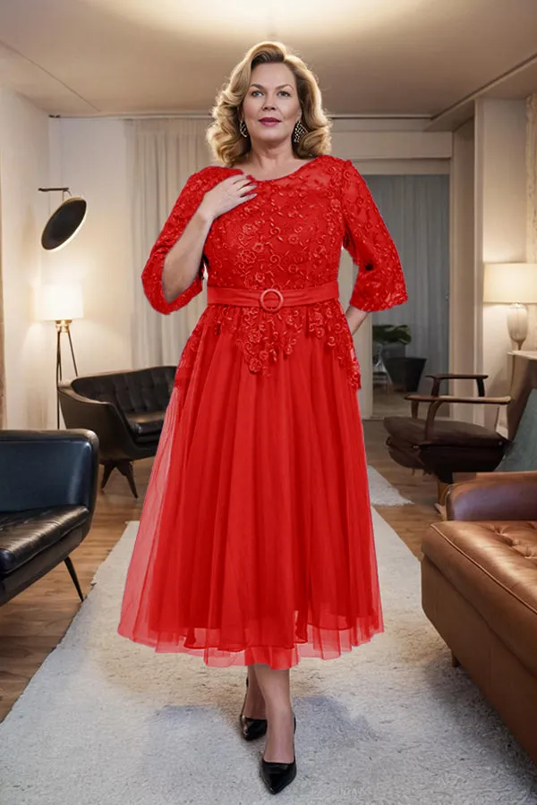Belted 3/4 Sleeves Tulle Tea Length Mother of the Bride Dress