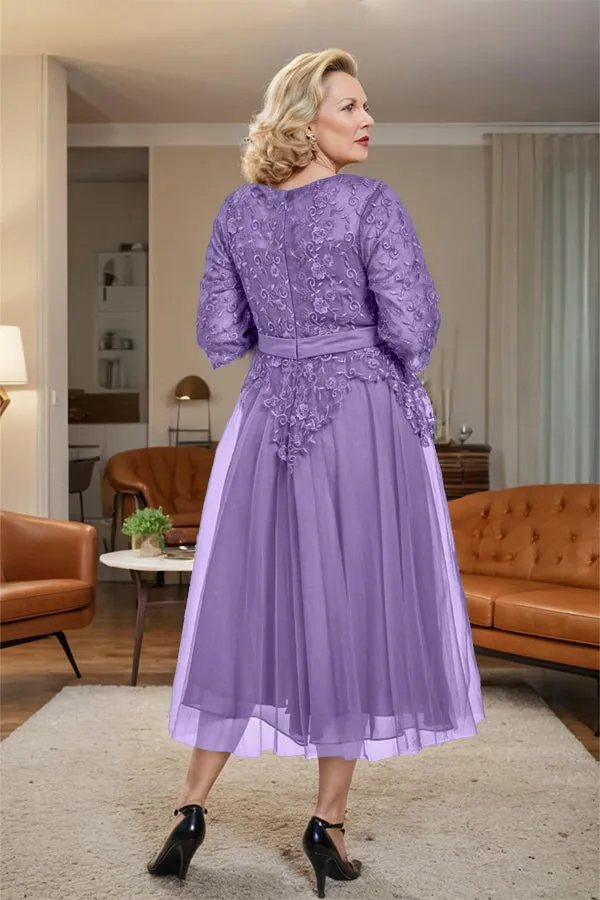 Belted 3/4 Sleeves Tulle Tea Length Mother of the Bride Dress