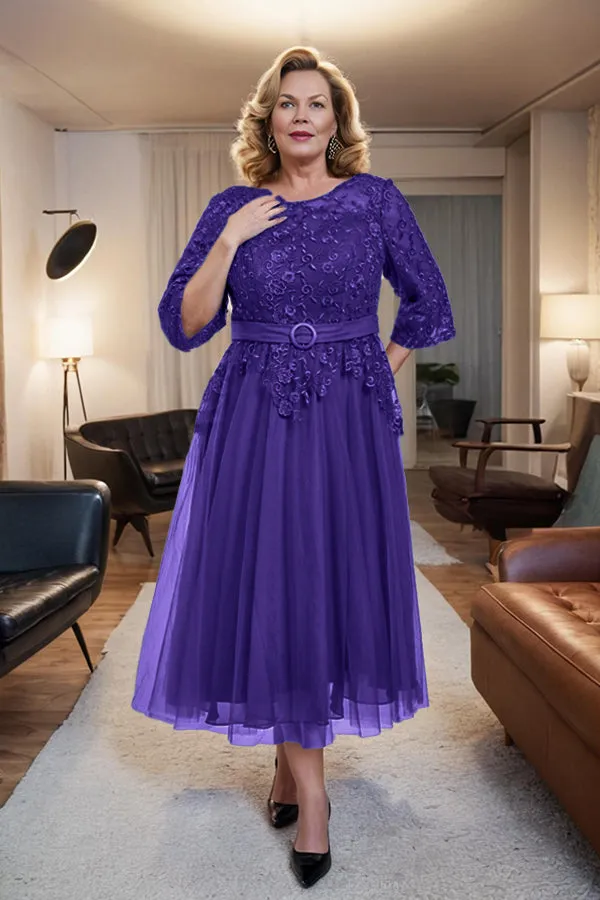 Belted 3/4 Sleeves Tulle Tea Length Mother of the Bride Dress