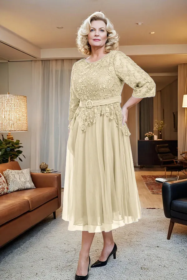 Belted 3/4 Sleeves Tulle Tea Length Mother of the Bride Dress