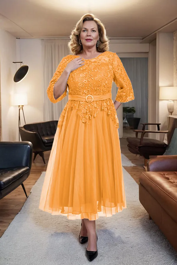 Belted 3/4 Sleeves Tulle Tea Length Mother of the Bride Dress