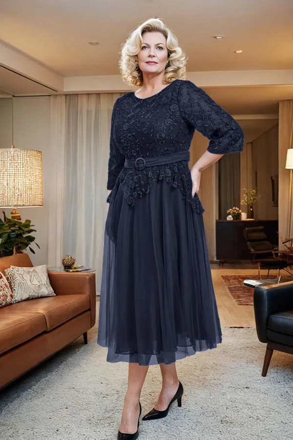 Belted 3/4 Sleeves Tulle Tea Length Mother of the Bride Dress