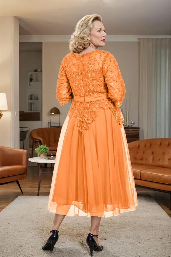 Belted 3/4 Sleeves Tulle Tea Length Mother of the Bride Dress