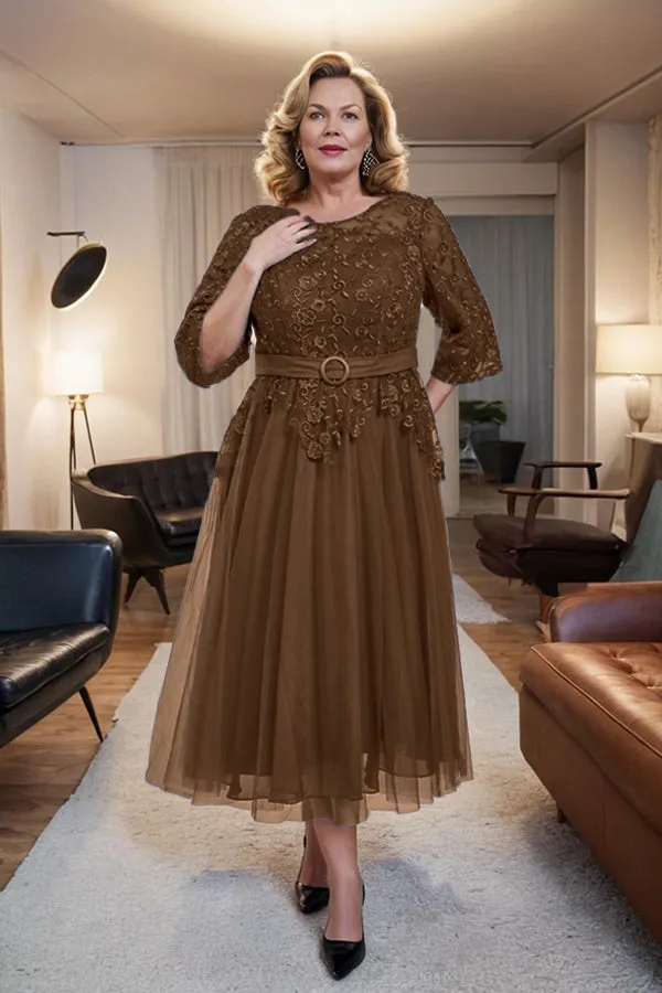 Belted 3/4 Sleeves Tulle Tea Length Mother of the Bride Dress