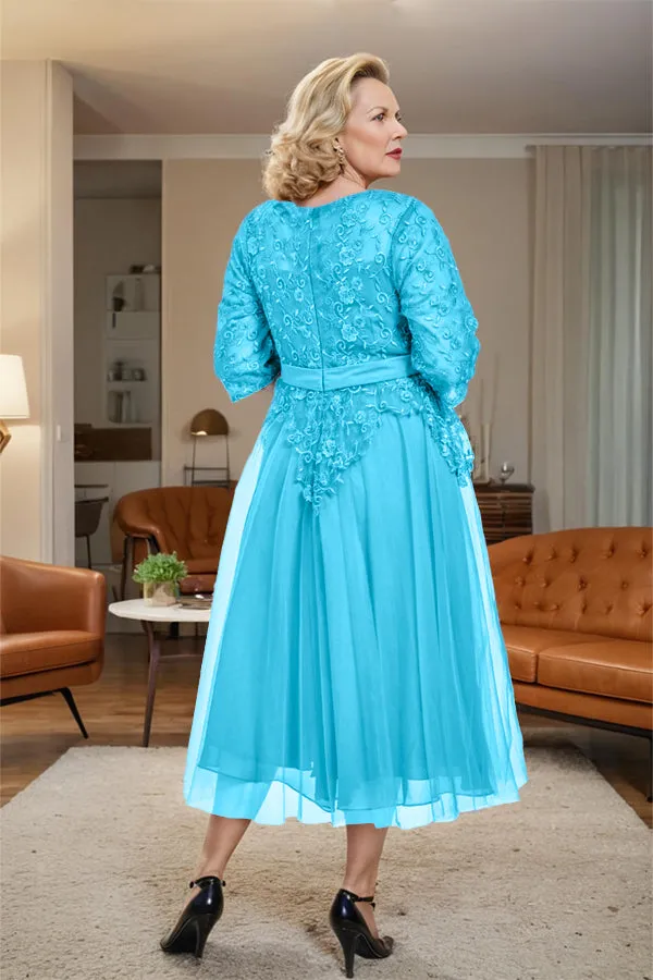 Belted 3/4 Sleeves Tulle Tea Length Mother of the Bride Dress