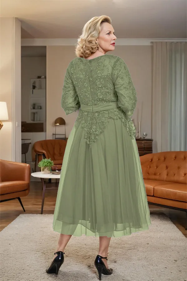 Belted 3/4 Sleeves Tulle Tea Length Mother of the Bride Dress
