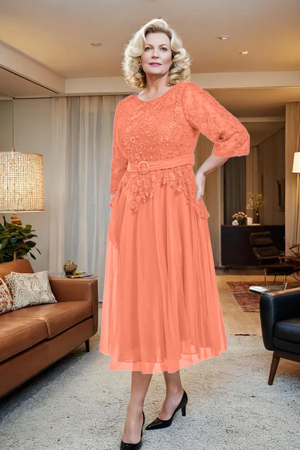 Belted 3/4 Sleeves Tulle Tea Length Mother of the Bride Dress