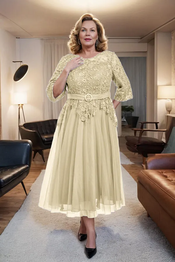 Belted 3/4 Sleeves Tulle Tea Length Mother of the Bride Dress