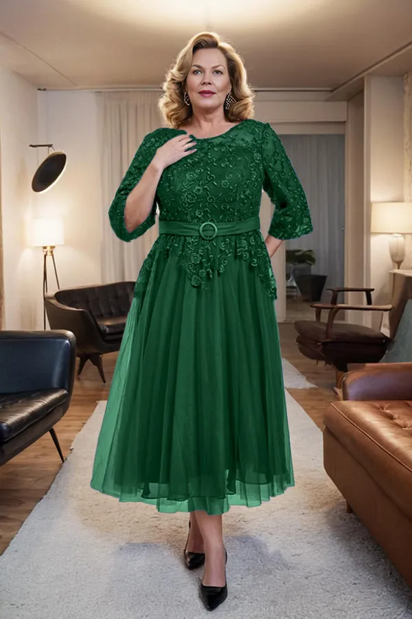 Belted 3/4 Sleeves Tulle Tea Length Mother of the Bride Dress
