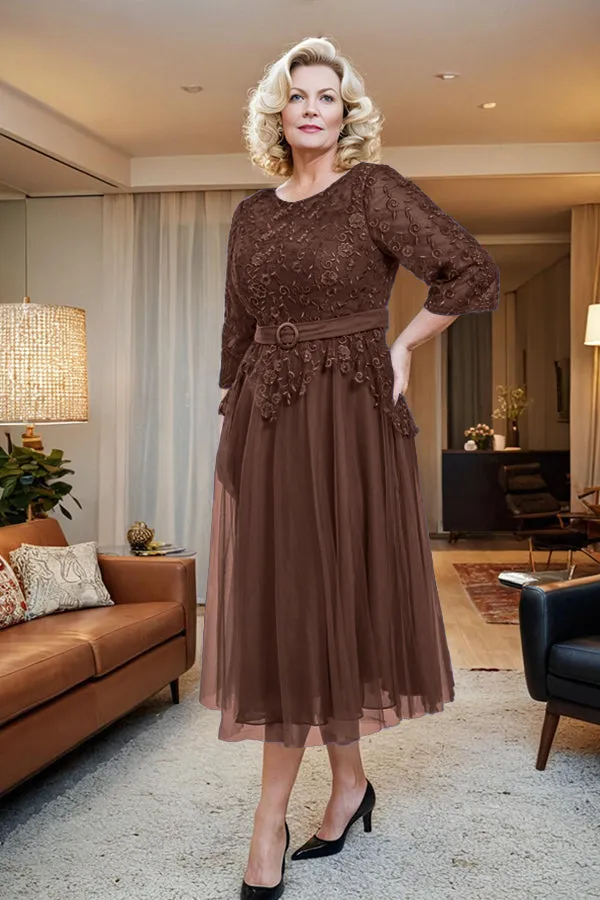 Belted 3/4 Sleeves Tulle Tea Length Mother of the Bride Dress