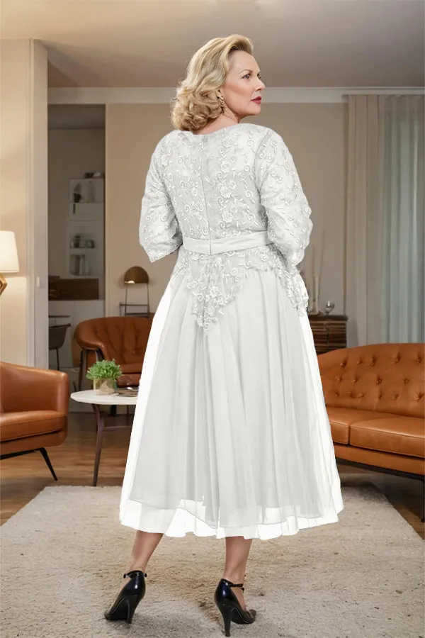 Belted 3/4 Sleeves Tulle Tea Length Mother of the Bride Dress