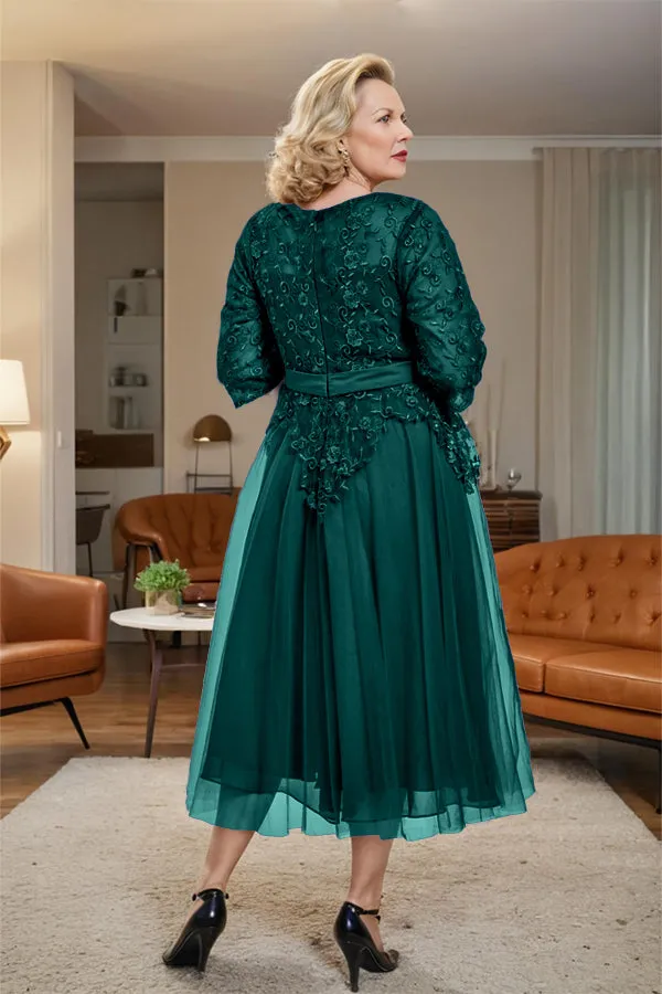 Belted 3/4 Sleeves Tulle Tea Length Mother of the Bride Dress
