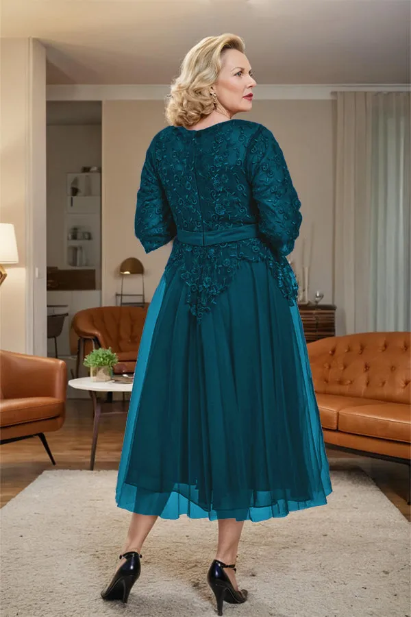 Belted 3/4 Sleeves Tulle Tea Length Mother of the Bride Dress
