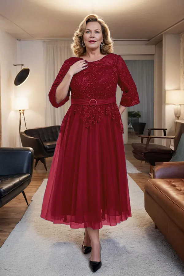 Belted 3/4 Sleeves Tulle Tea Length Mother of the Bride Dress