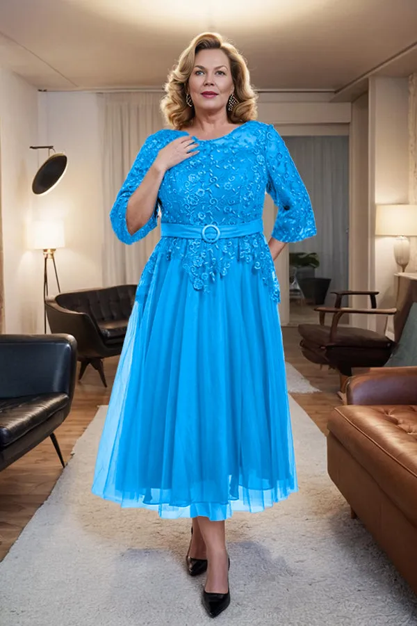 Belted 3/4 Sleeves Tulle Tea Length Mother of the Bride Dress