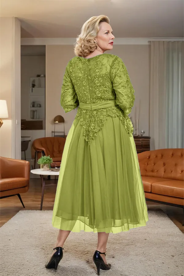 Belted 3/4 Sleeves Tulle Tea Length Mother of the Bride Dress
