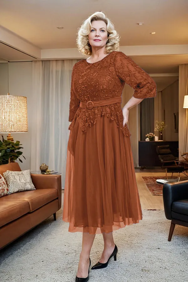 Belted 3/4 Sleeves Tulle Tea Length Mother of the Bride Dress