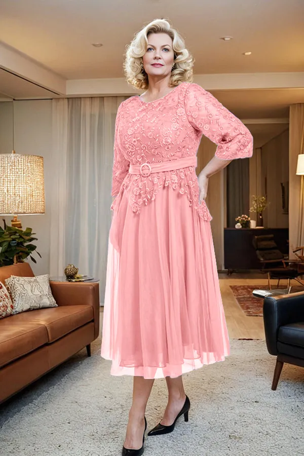 Belted 3/4 Sleeves Tulle Tea Length Mother of the Bride Dress