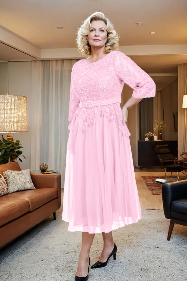 Belted 3/4 Sleeves Tulle Tea Length Mother of the Bride Dress