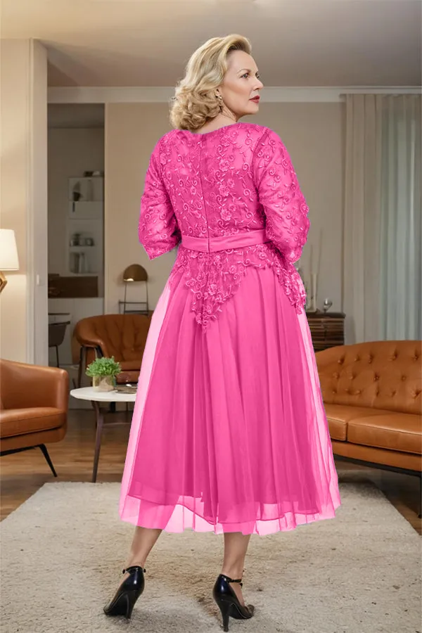 Belted 3/4 Sleeves Tulle Tea Length Mother of the Bride Dress