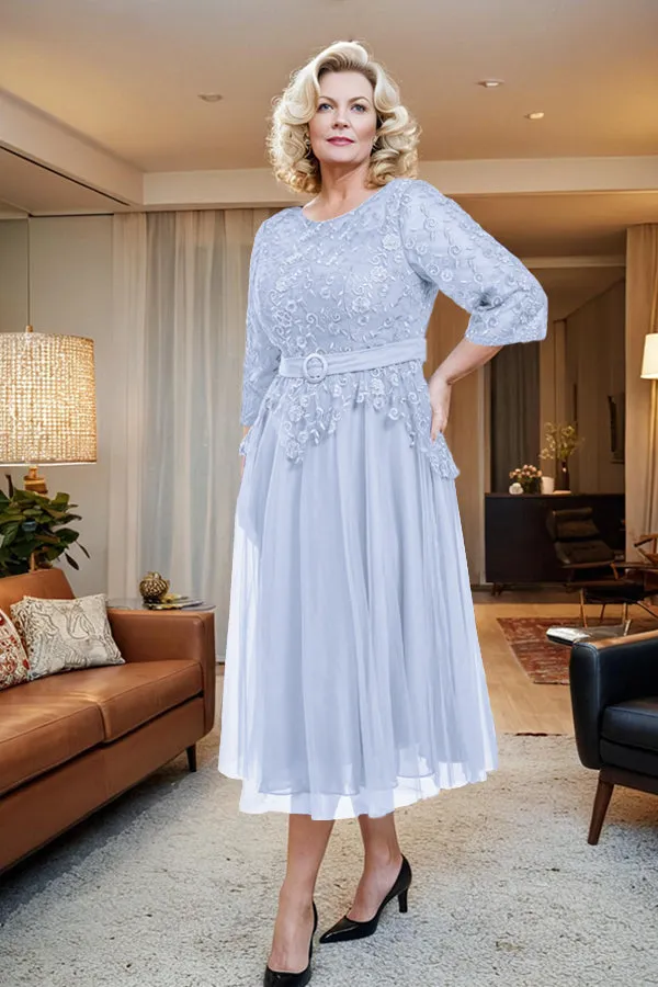 Belted 3/4 Sleeves Tulle Tea Length Mother of the Bride Dress