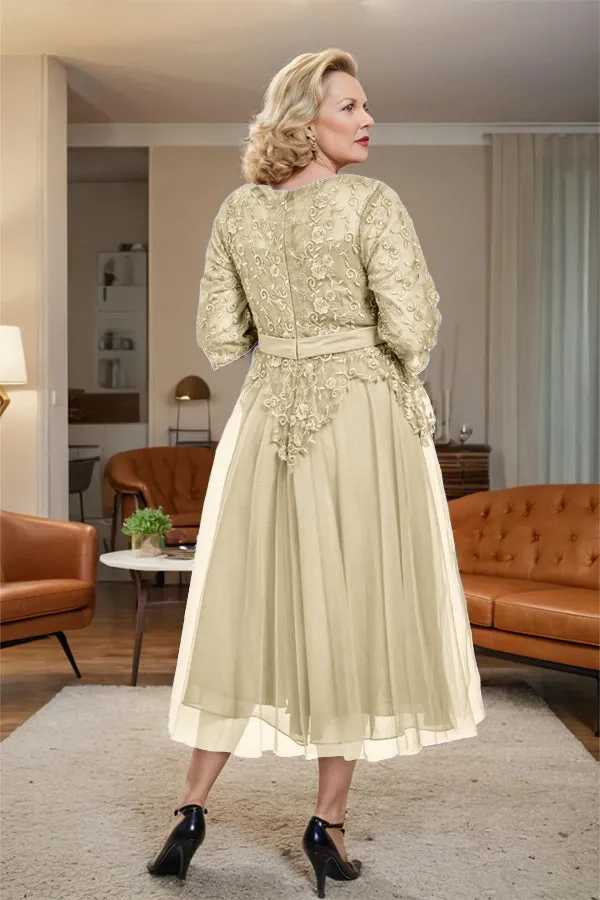 Belted 3/4 Sleeves Tulle Tea Length Mother of the Bride Dress