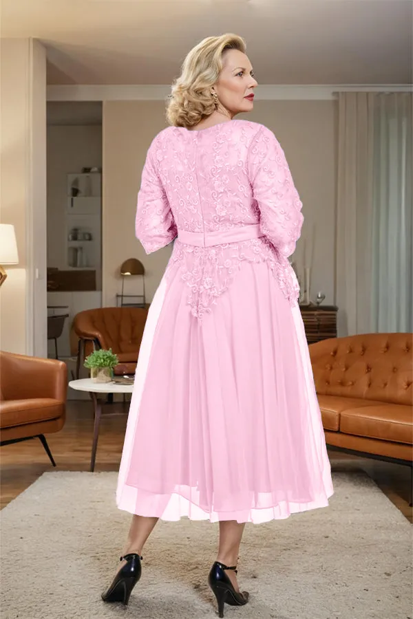 Belted 3/4 Sleeves Tulle Tea Length Mother of the Bride Dress