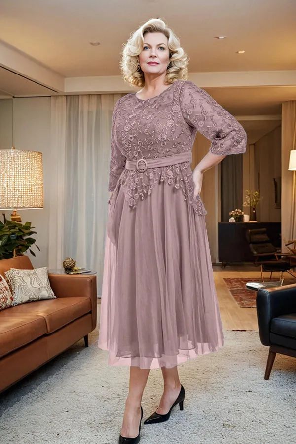 Belted 3/4 Sleeves Tulle Tea Length Mother of the Bride Dress