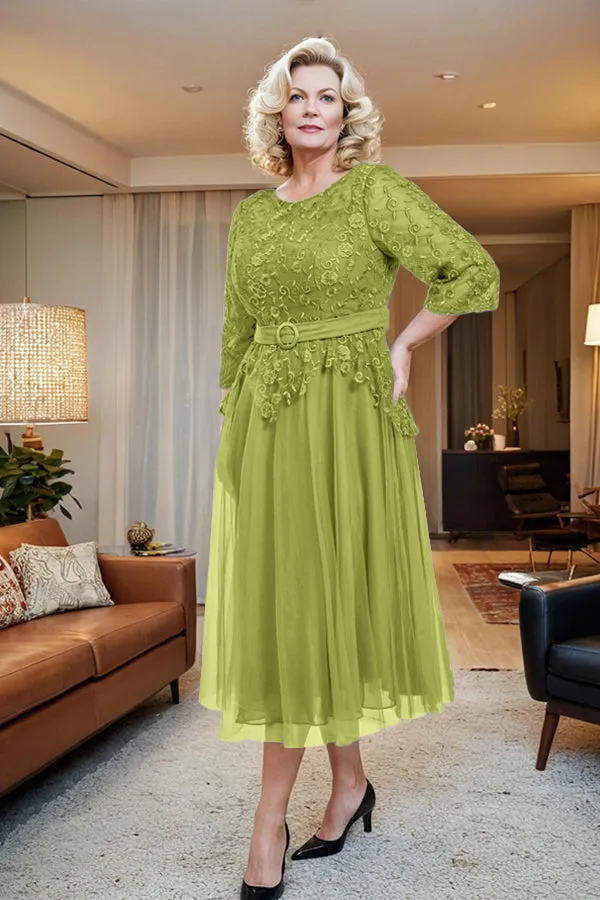 Belted 3/4 Sleeves Tulle Tea Length Mother of the Bride Dress