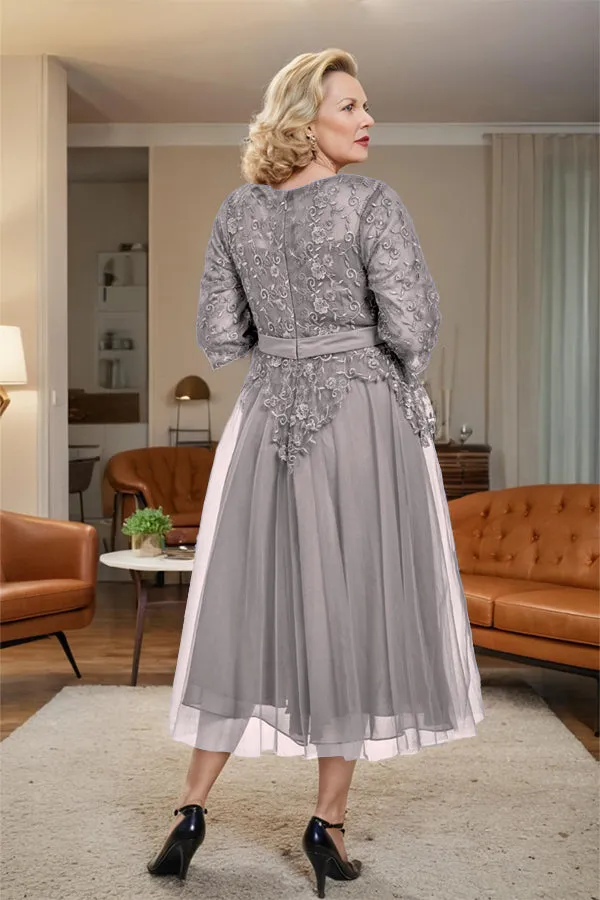 Belted 3/4 Sleeves Tulle Tea Length Mother of the Bride Dress