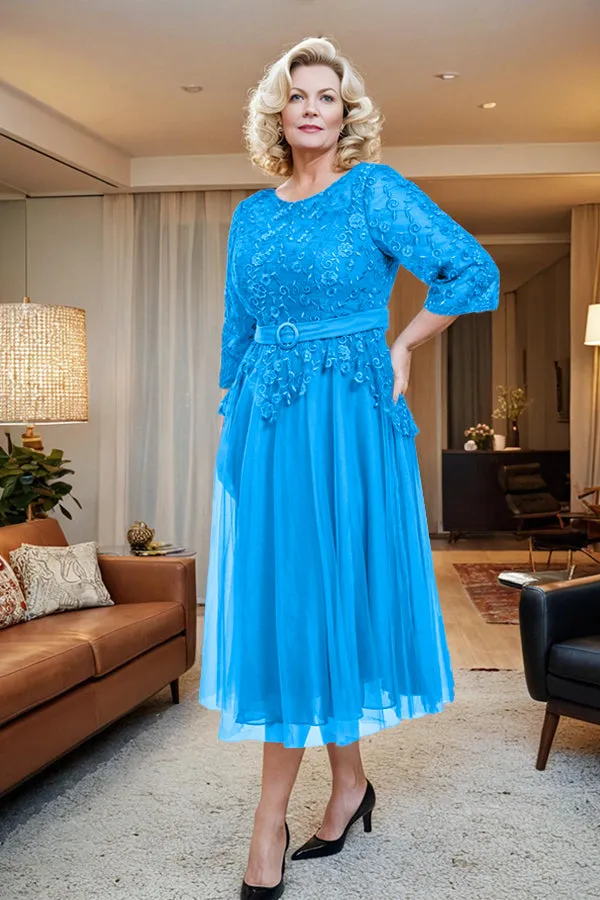 Belted 3/4 Sleeves Tulle Tea Length Mother of the Bride Dress