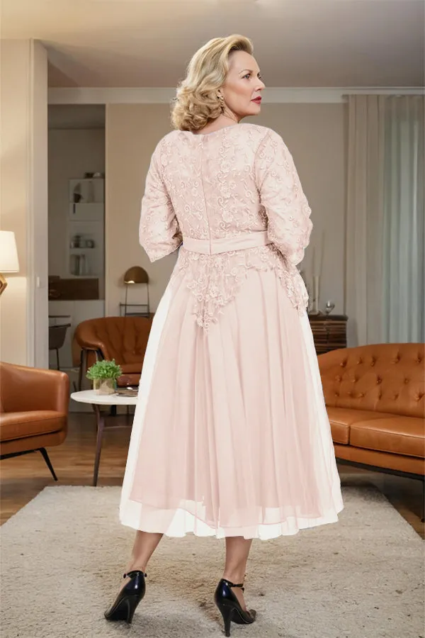 Belted 3/4 Sleeves Tulle Tea Length Mother of the Bride Dress