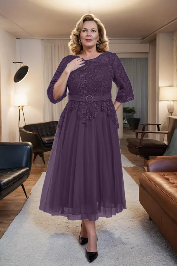 Belted 3/4 Sleeves Tulle Tea Length Mother of the Bride Dress